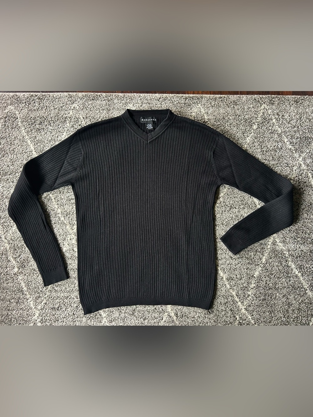 Baracuta Men's Ribbed V-Neck Sweater in Black Y2K Ribbed Preppy